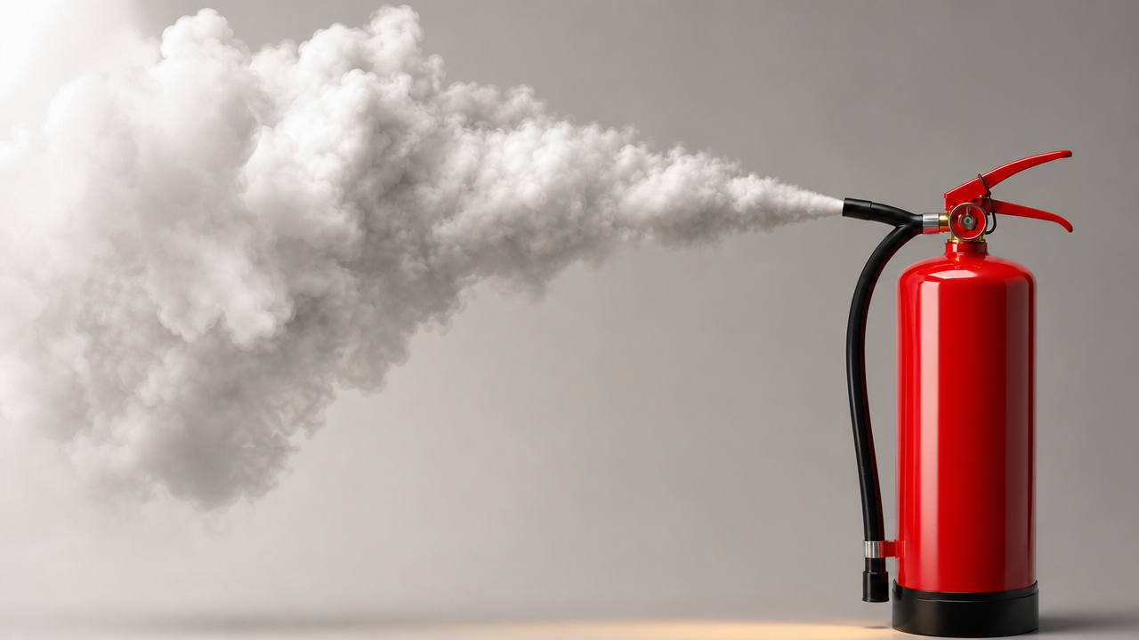 Red fire extinguisher being discharged — CO2 cloud suppression