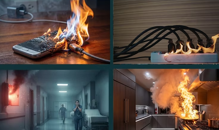 Fire emergency scenes — burning phone, overloaded power strip, hospital evacuation, kitchen fire
