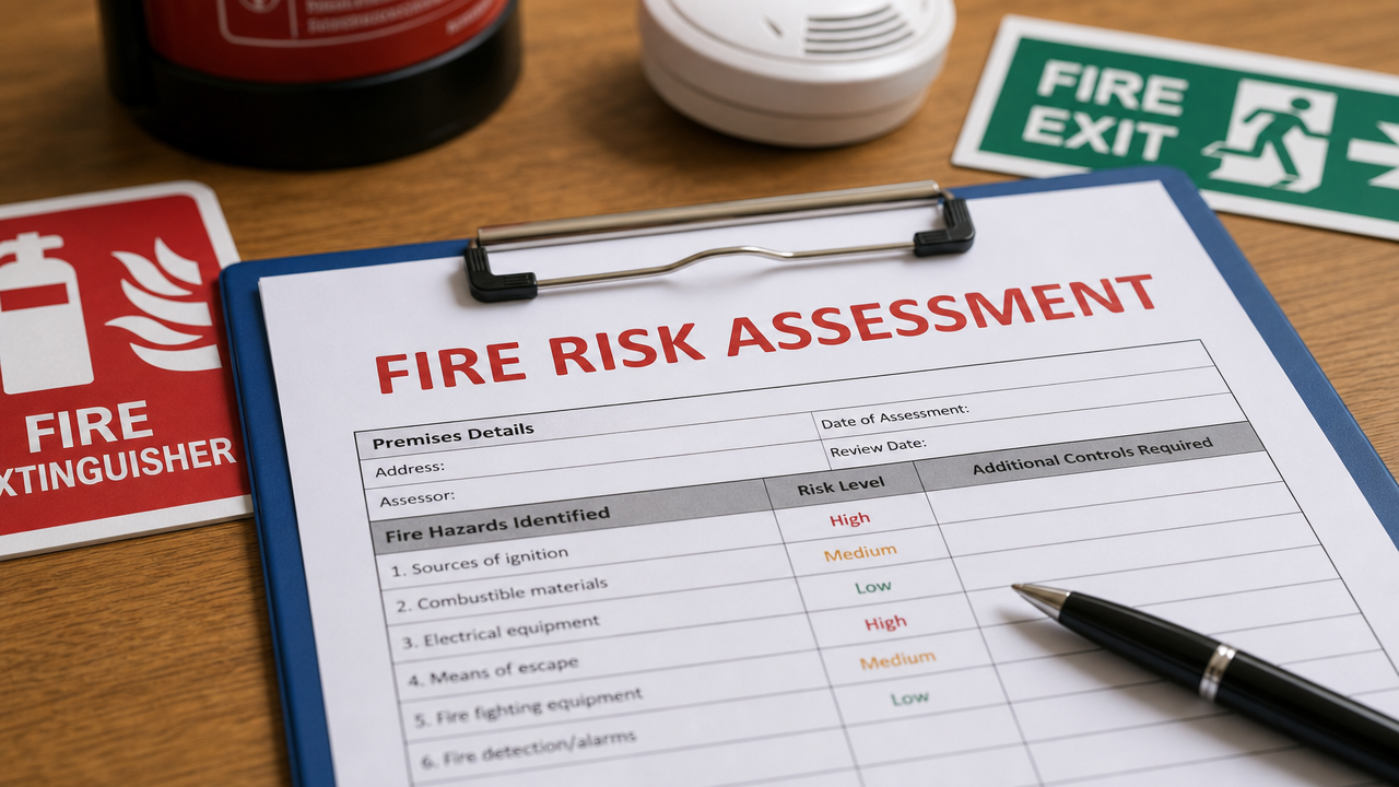 Fire Risk Assessment — compliance form with fire safety signage and equipment on desk